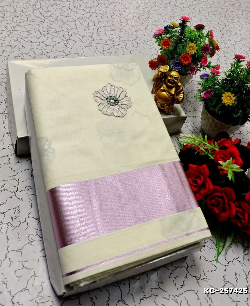 TRENDING KERALA SPECIAL FULL WORK EMBOSSED DIGITAL PRINTING TISSUE SAREE COLLECTIONS - WHITE (58)
