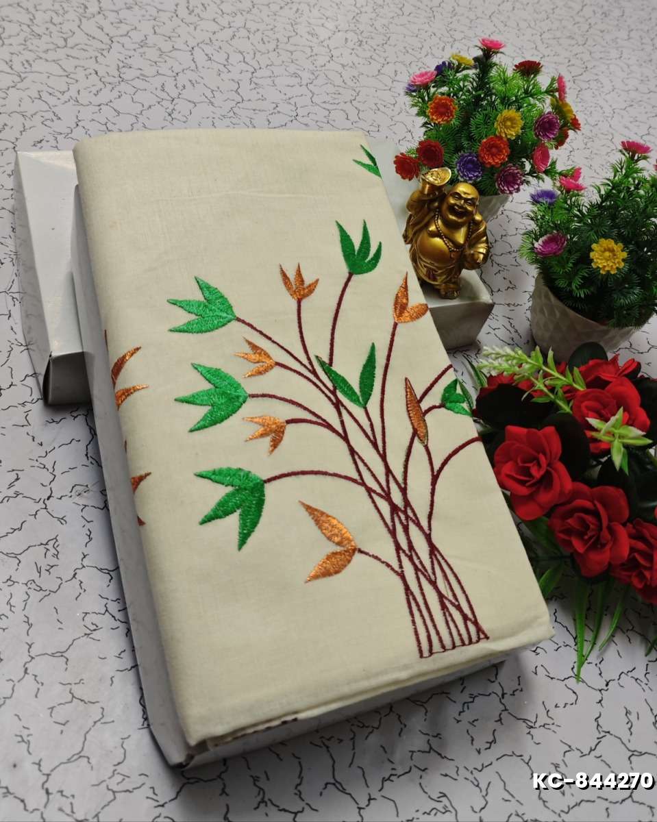 TRENDING KERALA SPECIAL FULL WORK EMBOSSED DIGITAL PRINTING TISSUE SAREE COLLECTIONS - IVORY COLOUR (41)