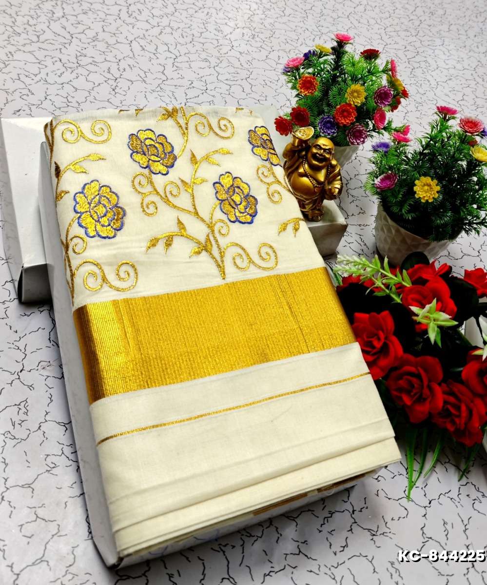 TRENDING KERALA SPECIAL FULL WORK EMBOSSED DIGITAL PRINTING TISSUE SAREE COLLECTIONS - WHITE (59)