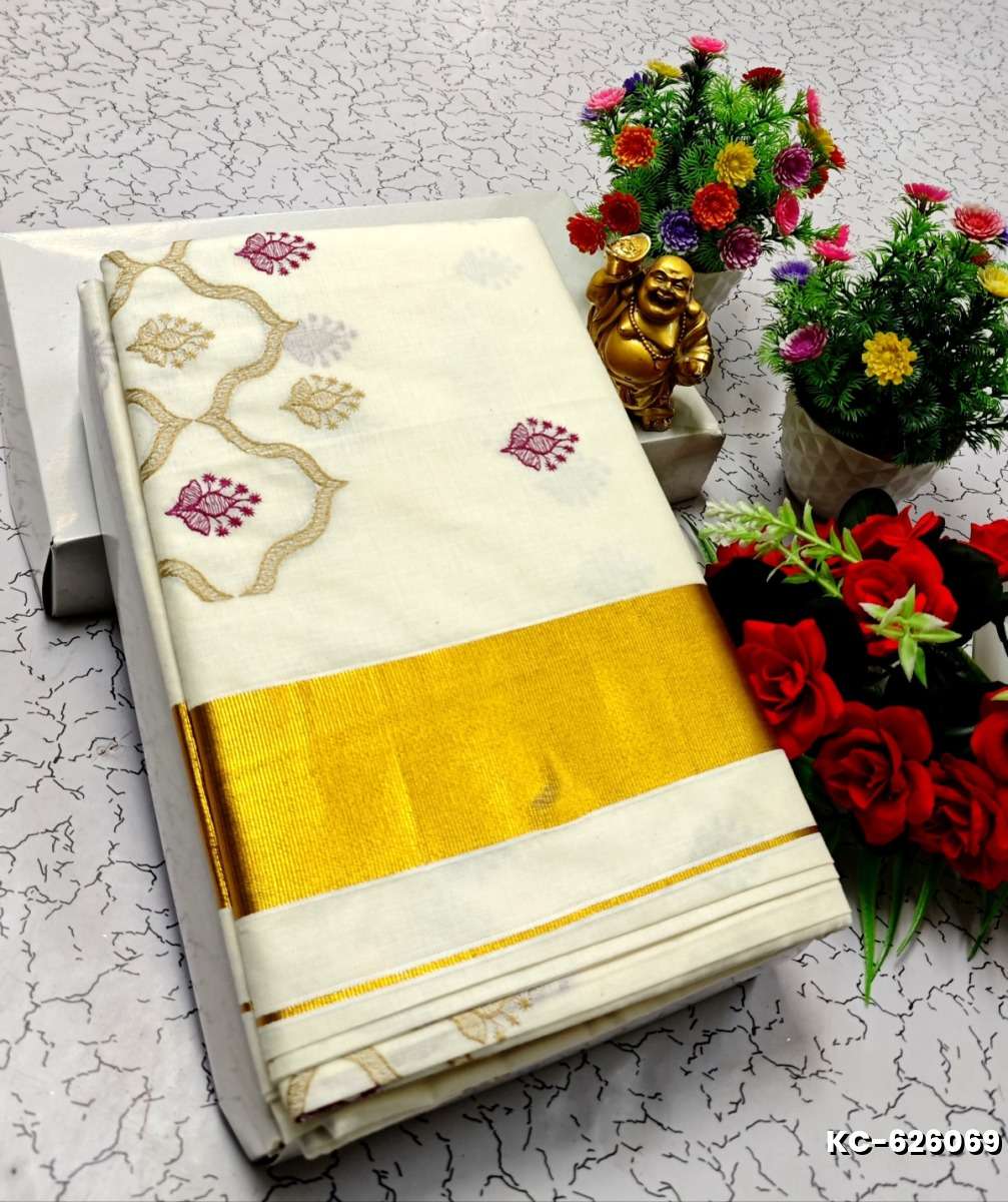 TRENDING KERALA SPECIAL FULL WORK EMBOSSED DIGITAL PRINTING TISSUE SAREE COLLECTIONS - BEIGE COLOUR (50)