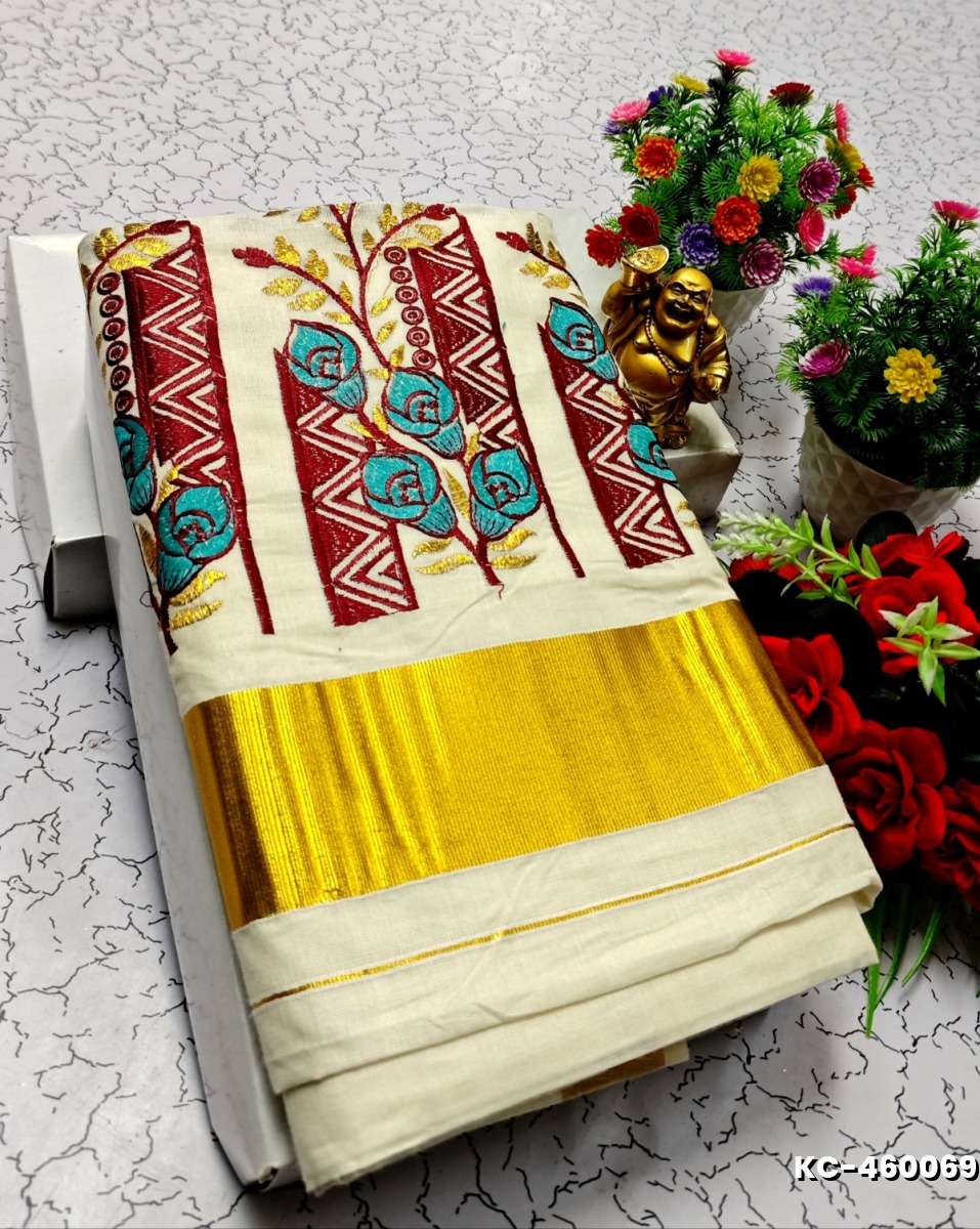 TRENDING KERALA SPECIAL FULL WORK EMBOSSED DIGITAL PRINTING TISSUE SAREE COLLECTIONS - BEIGE COLOUR (51)