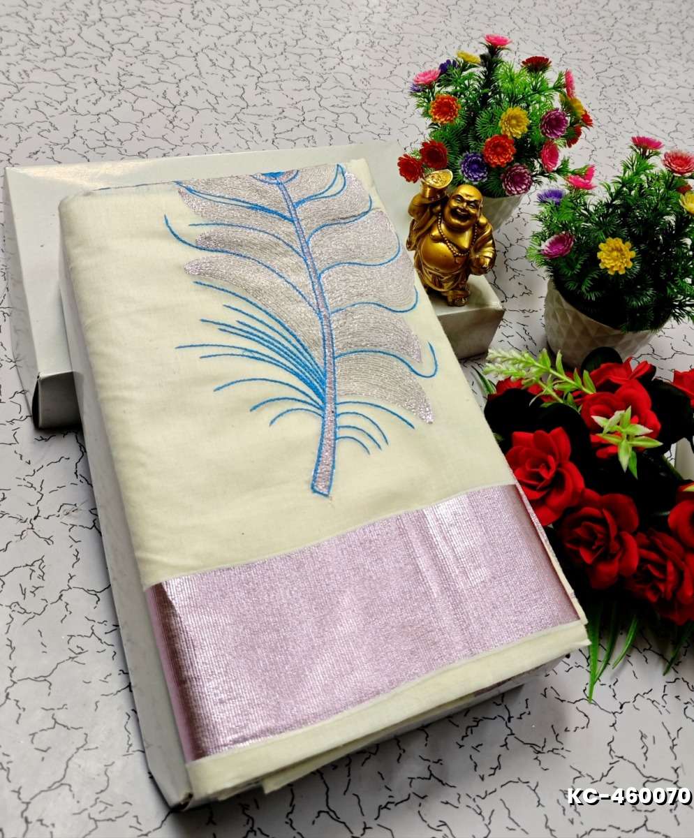 TRENDING KERALA SPECIAL FULL WORK EMBOSSED DIGITAL PRINTING TISSUE SAREE COLLECTIONS - IVORY COLOUR (43)