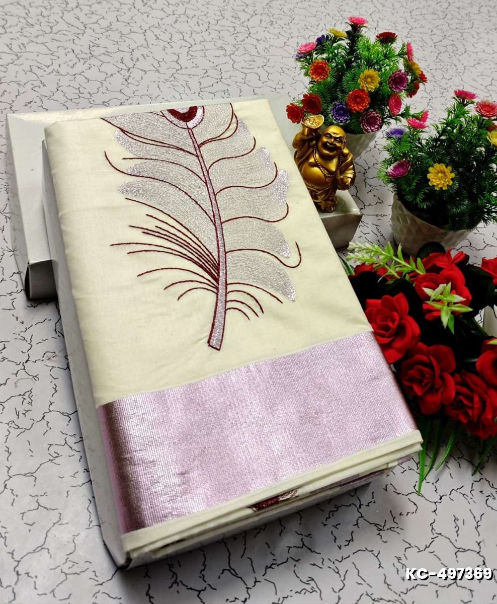 TRENDING KERALA SPECIAL FULL WORK EMBOSSED DIGITAL PRINTING TISSUE SAREE COLLECTIONS - BEIGE COLOUR (52)