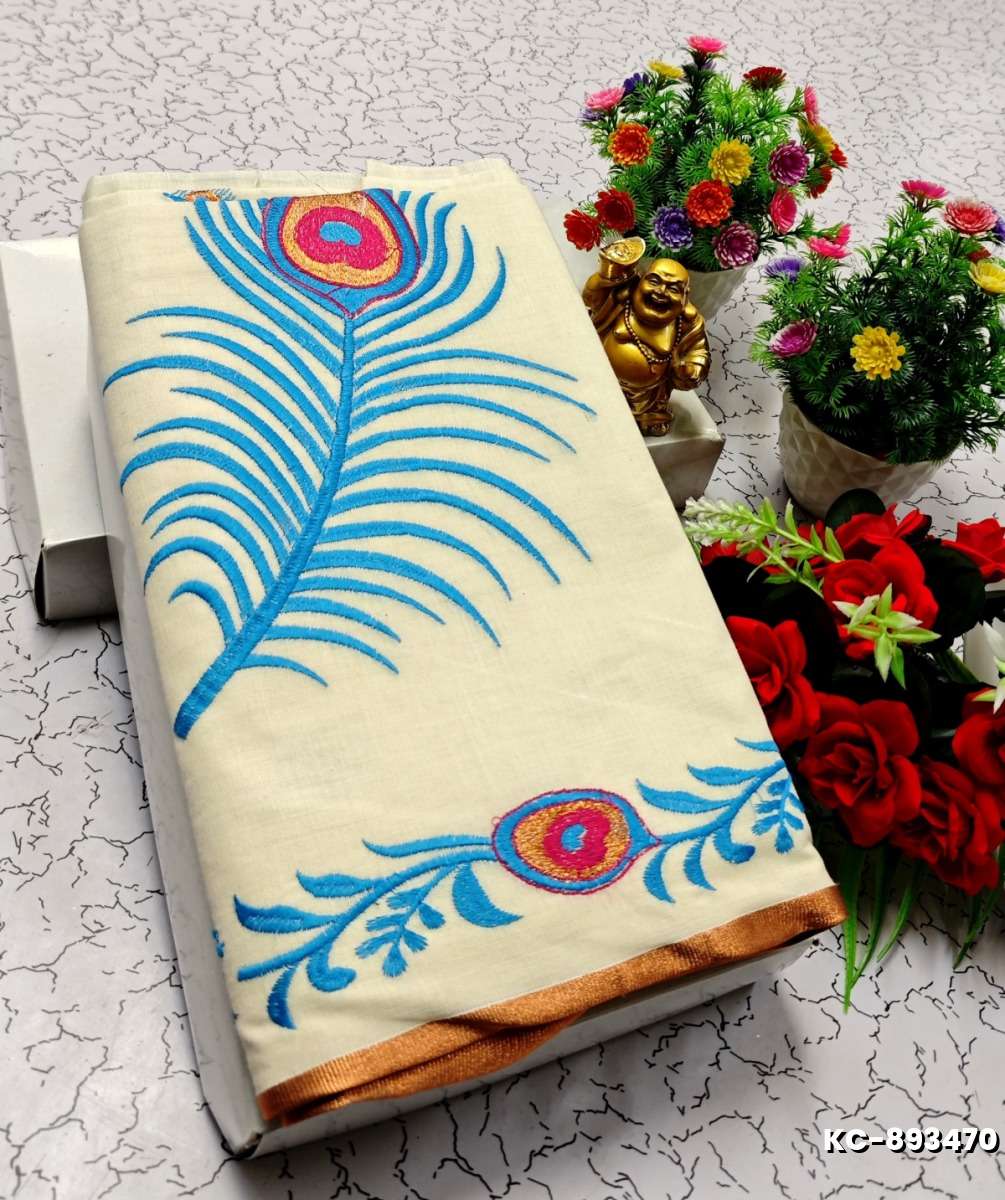 TRENDING KERALA SPECIAL FULL WORK EMBOSSED DIGITAL PRINTING TISSUE SAREE COLLECTIONS - IVORY COLOUR (45)