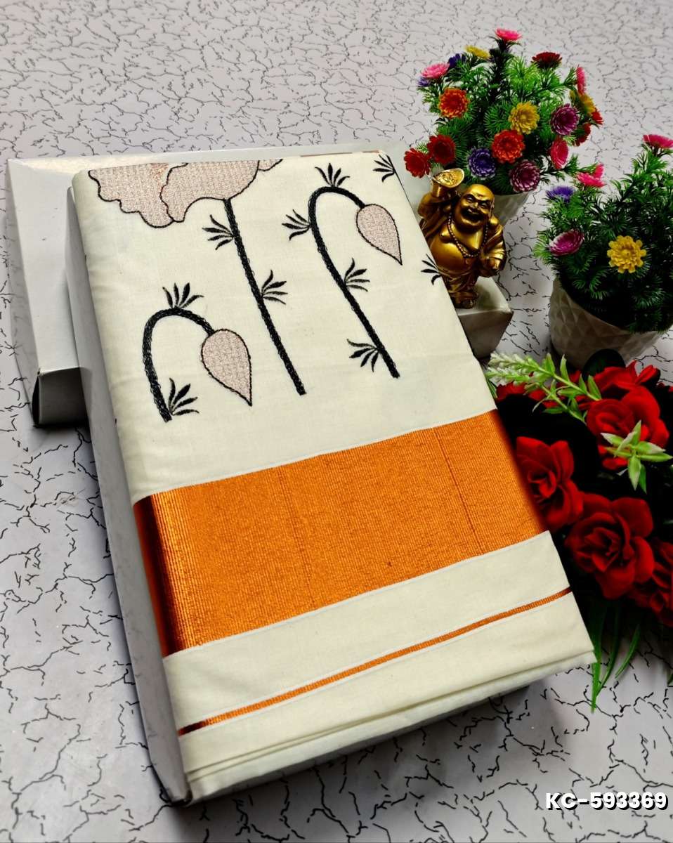 TRENDING KERALA SPECIAL FULL WORK EMBOSSED DIGITAL PRINTING TISSUE SAREE COLLECTIONS - BEIGE COLOUR (54)