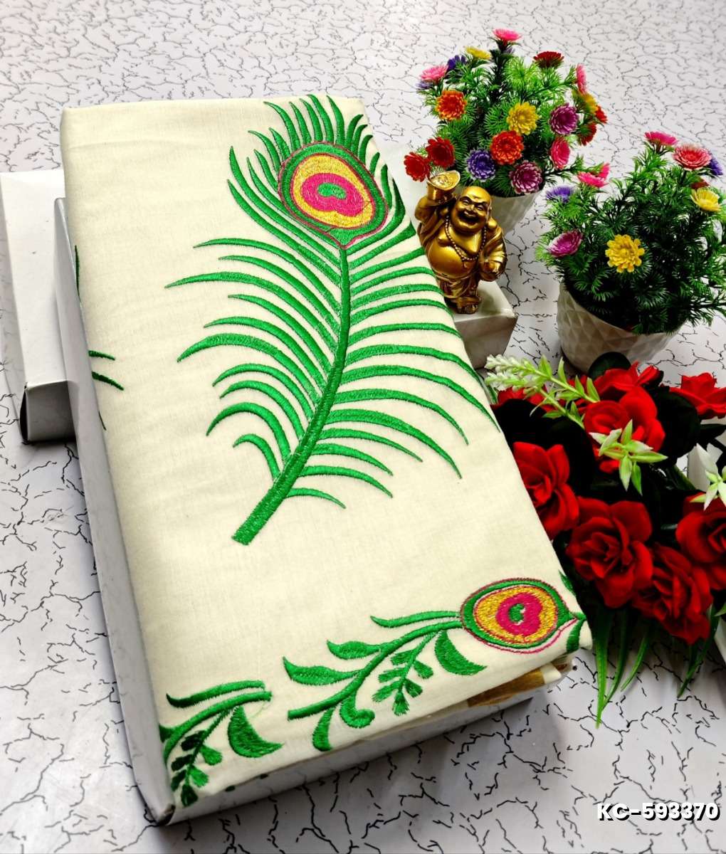 TRENDING KERALA SPECIAL FULL WORK EMBOSSED DIGITAL PRINTING TISSUE SAREE COLLECTIONS - IVORY COLOUR (46)