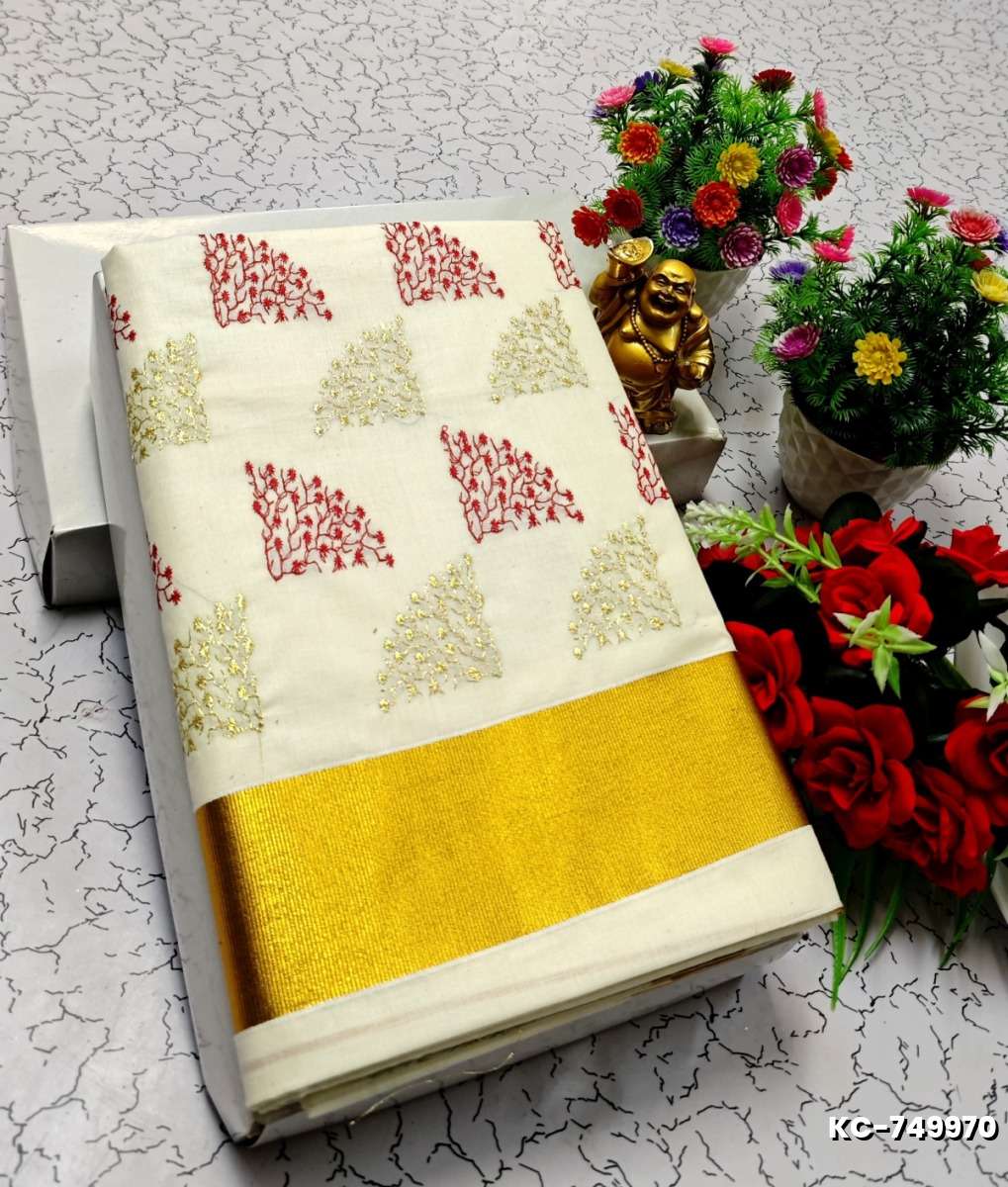 TRENDING KERALA SPECIAL FULL WORK EMBOSSED DIGITAL PRINTING TISSUE SAREE COLLECTIONS - IVORY COLOUR (47)