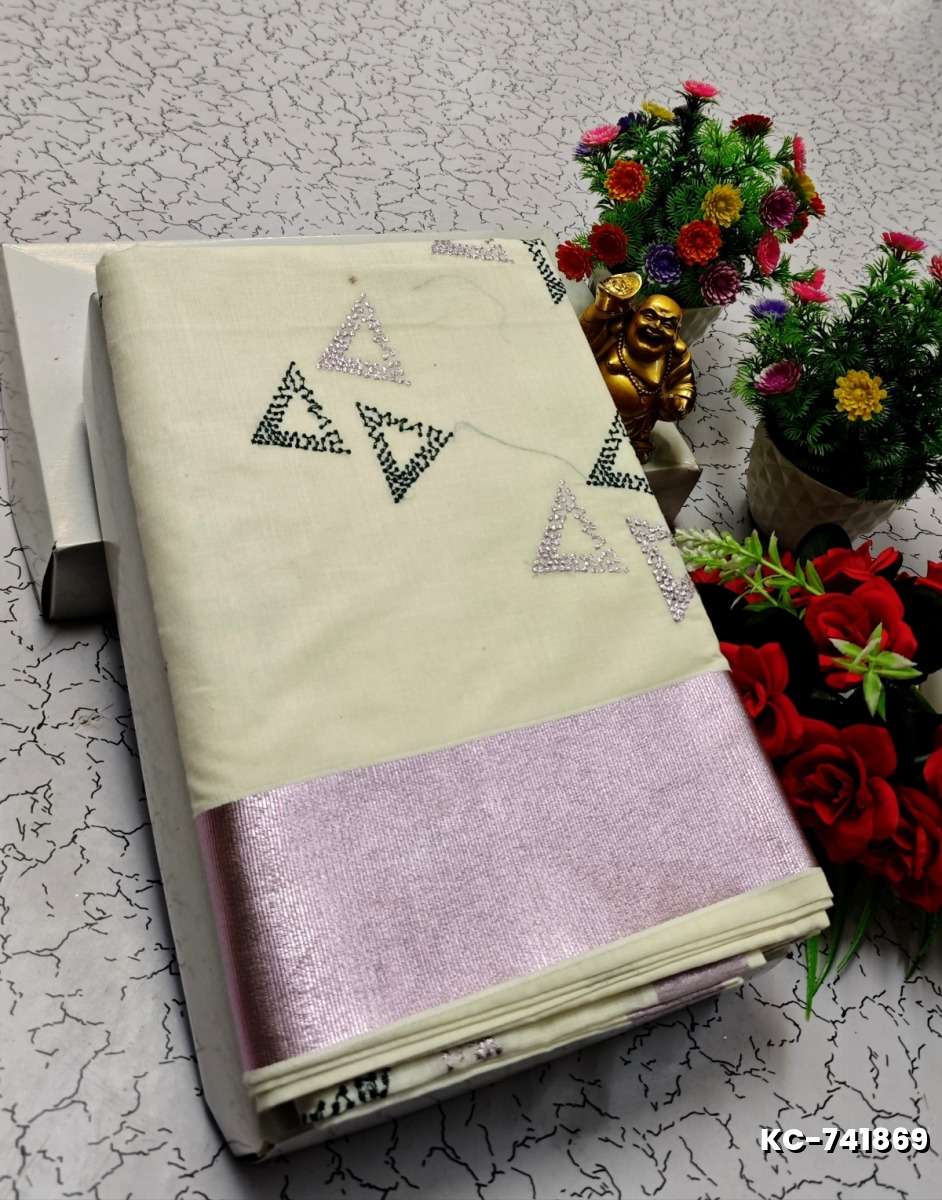 TRENDING KERALA SPECIAL FULL WORK EMBOSSED DIGITAL PRINTING TISSUE SAREE COLLECTIONS - BEIGE COLOUR (57)