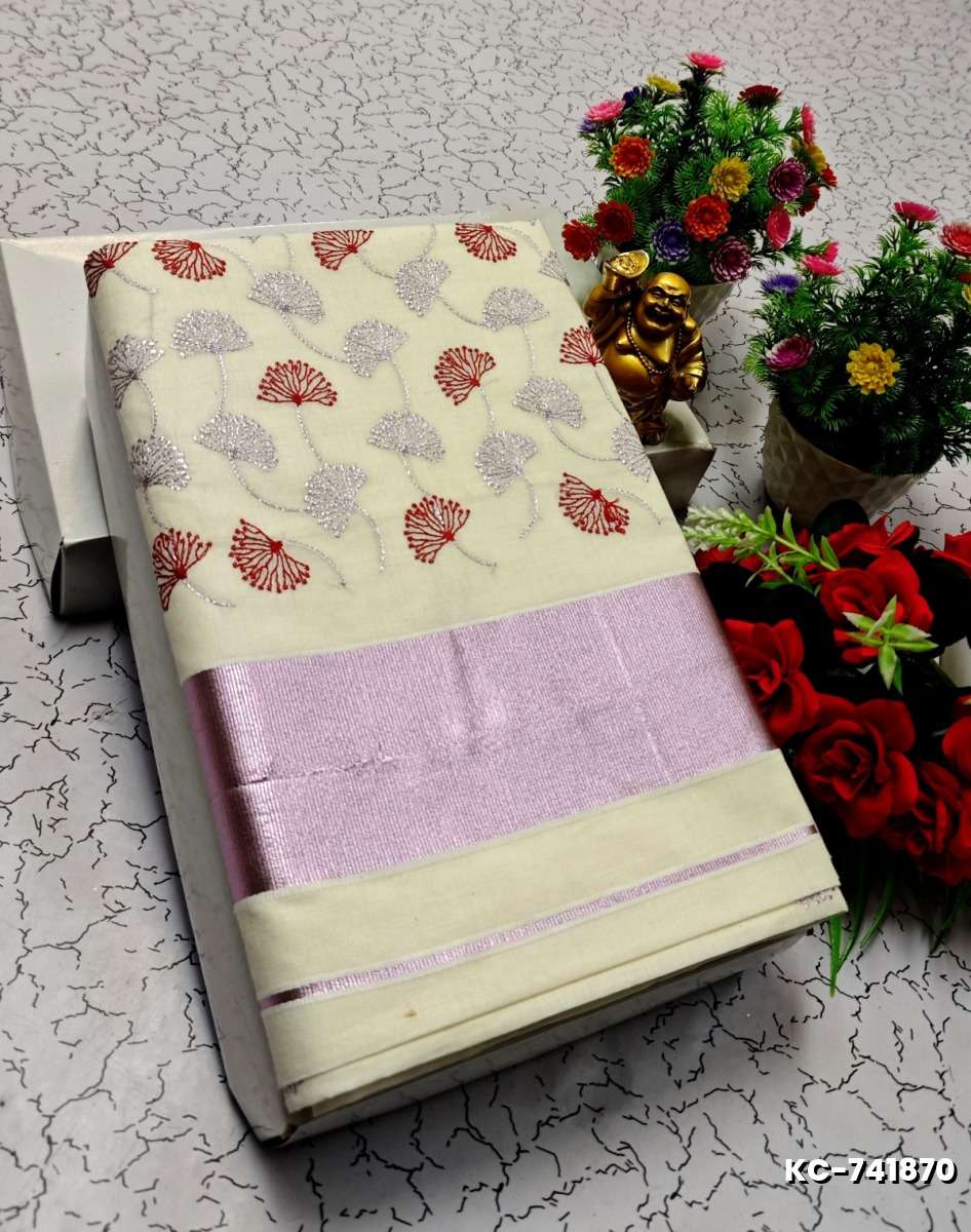 TRENDING KERALA SPECIAL FULL WORK EMBOSSED DIGITAL PRINTING TISSUE SAREE COLLECTIONS - IVORY COLOUR (49)