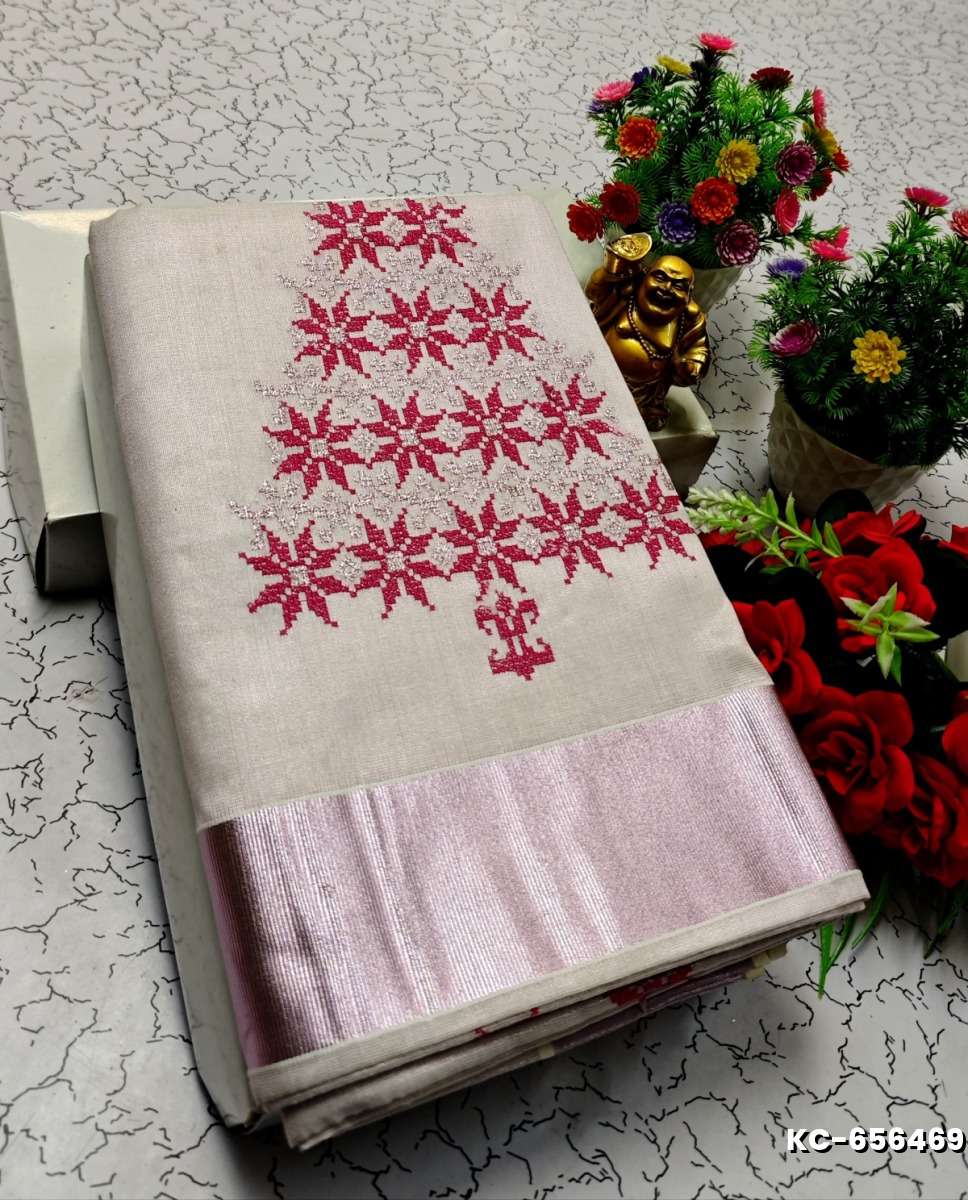 TRENDING KERALA SPECIAL FULL WORK EMBOSSED DIGITAL PRINTING TISSUE SAREE COLLECTIONS - BEIGE COLOUR (59)