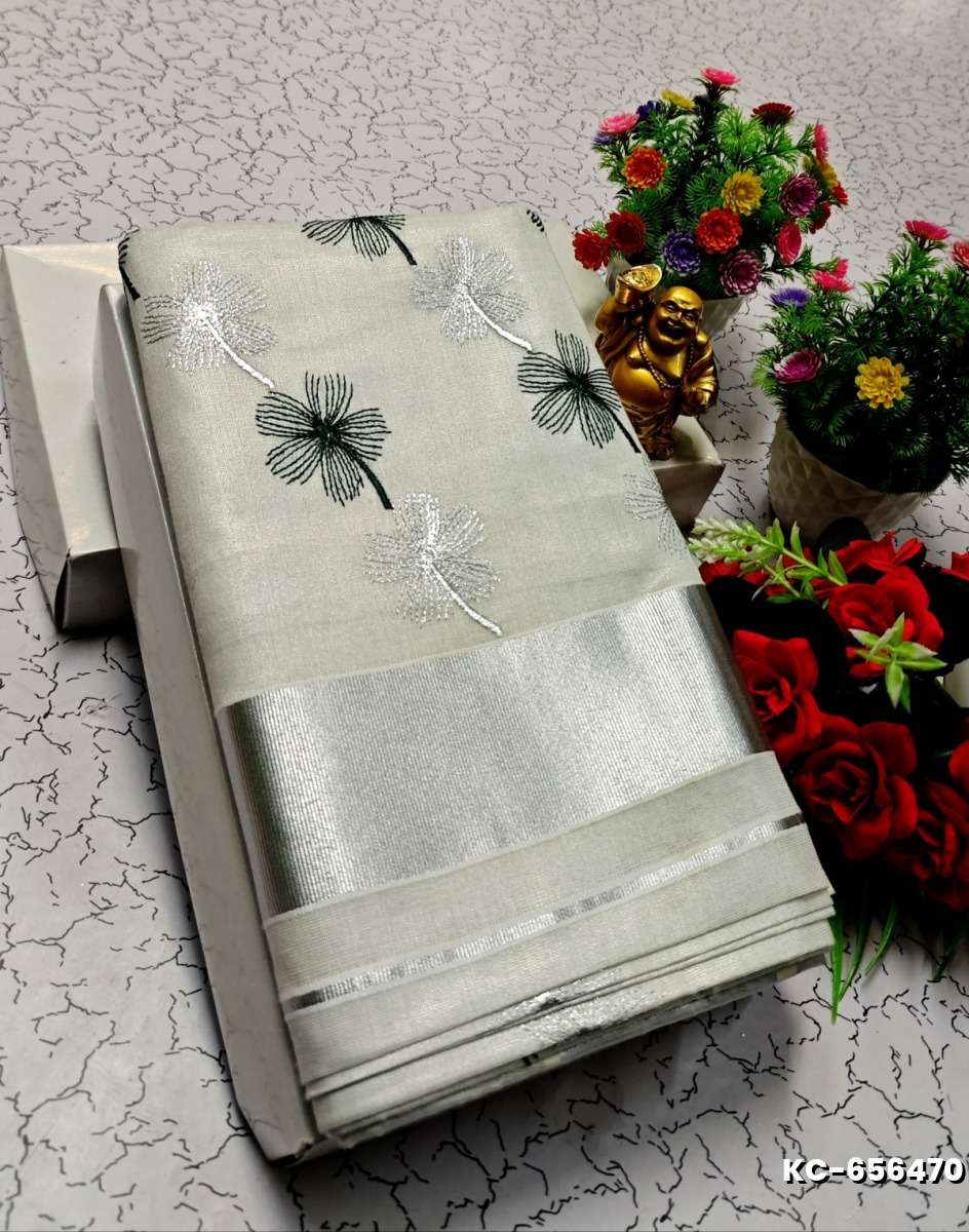 TRENDING KERALA SPECIAL FULL WORK EMBOSSED DIGITAL PRINTING TISSUE SAREE COLLECTIONS - IVORY COLOUR (51)