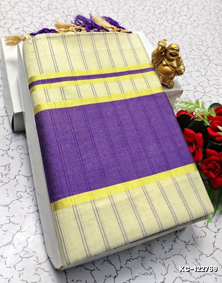 TRENDING KERALA SPECIAL FULL WORK EMBOSSED DIGITAL PRINTING TISSUE SAREE COLLECTIONS - BEIGE COLOUR (61)