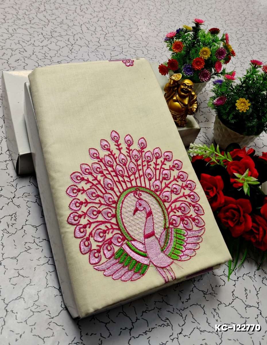 TRENDING KERALA SPECIAL FULL WORK EMBOSSED DIGITAL PRINTING TISSUE SAREE COLLECTIONS - IVORY COLOUR (53)