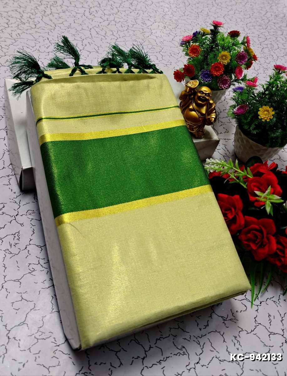 TRENDING KERALA SPECIAL FULL WORK EMBOSSED DIGITAL PRINTING TISSUE SAREE COLLECTIONS - CREAM (14)