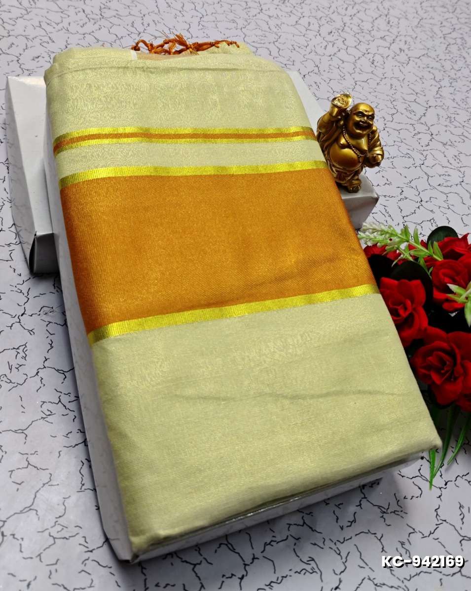TRENDING KERALA SPECIAL FULL WORK EMBOSSED DIGITAL PRINTING TISSUE SAREE COLLECTIONS - BEIGE COLOUR (62)