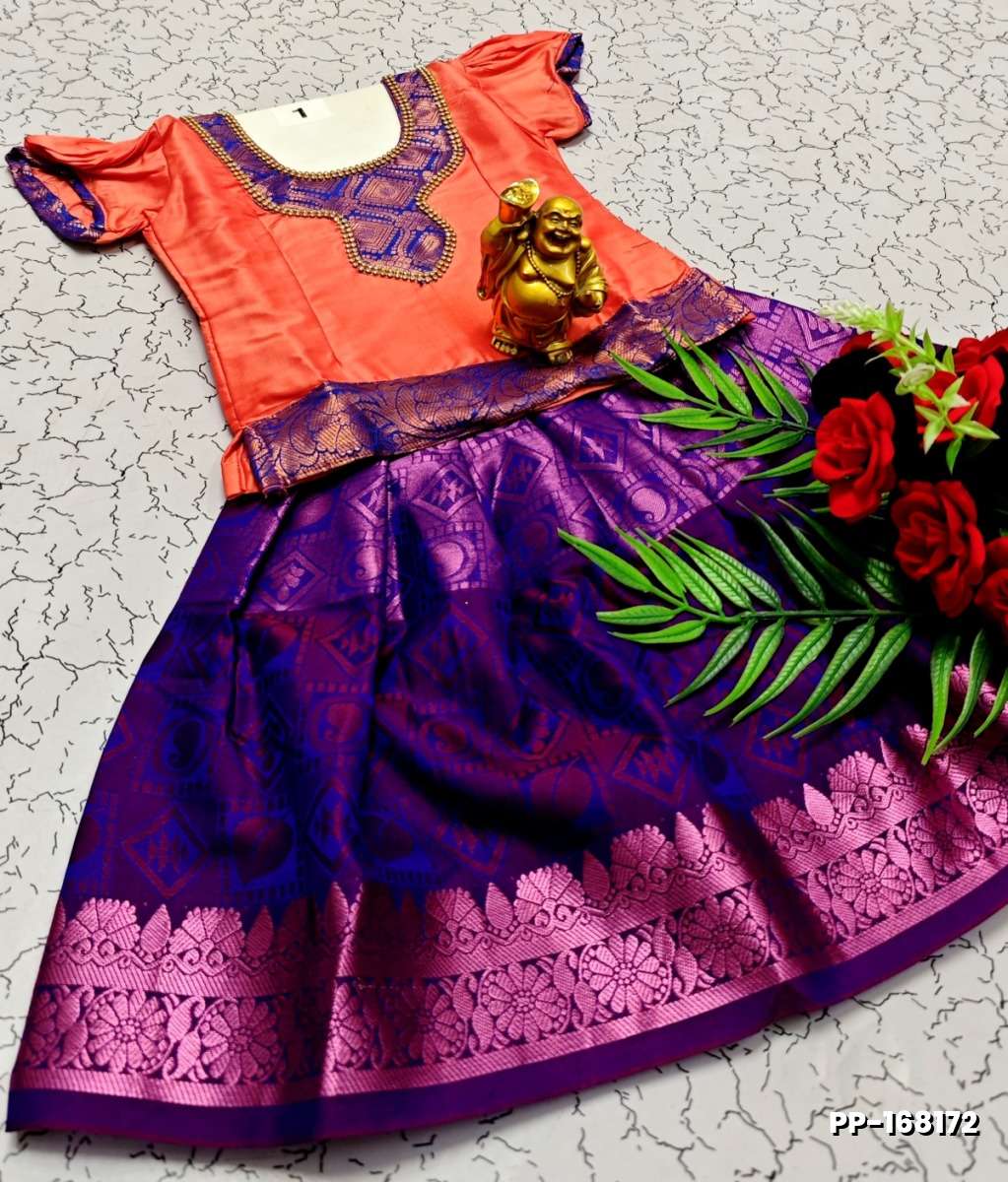 TRADITIONAL KIDS PATTU PAVADAI SET FUNCTION AND FESTIVAL WEAR - CORAL COLOUR (1)