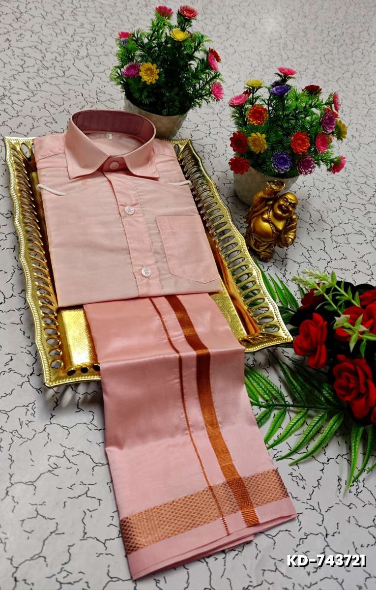 KIDS SHIRTS & DHOTIS COMBO FOR MENS ADJUSTABLE DHOTIS WITH COLOUR MATCHING BORDER BEST CHOICE FOR BOYS - BABY PINK