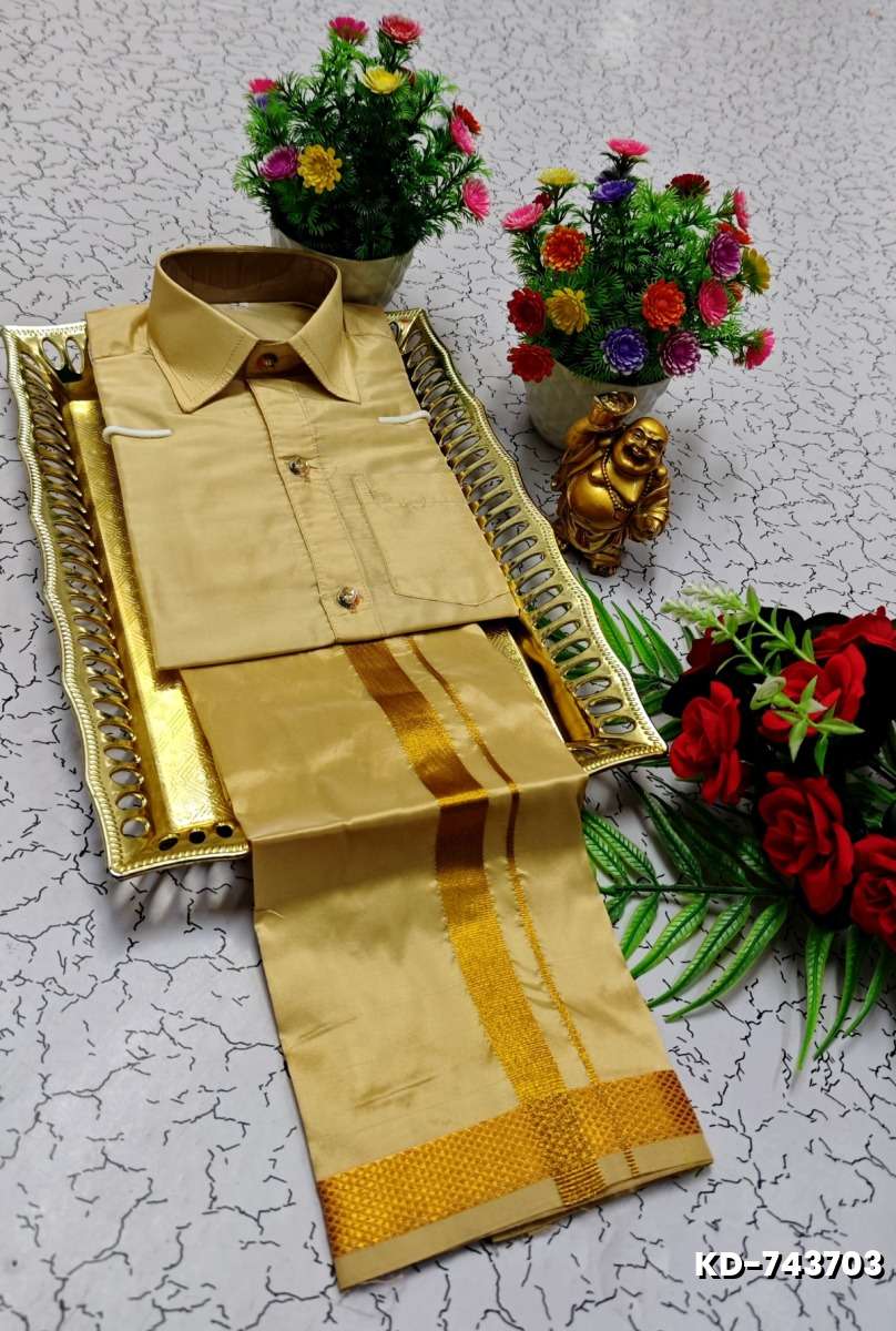 KIDS SHIRTS & DHOTIS COMBO FOR MENS ADJUSTABLE DHOTIS WITH COLOUR MATCHING BORDER BEST CHOICE FOR BOYS - GOLD