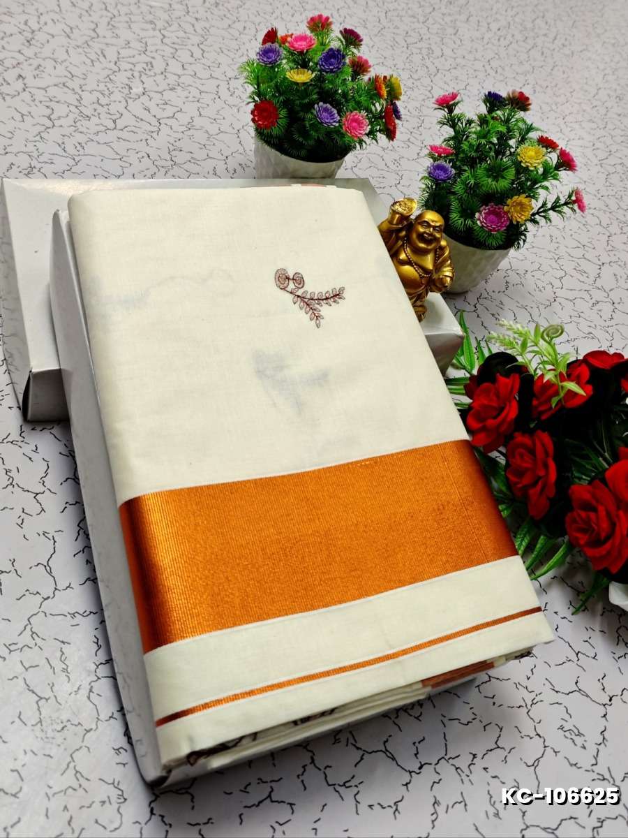 TRENDING KERALA SPECIAL FULL WORK EMBOSSED DIGITAL PRINTING COTTON SAREE COLLECTIONS - WHITE (57)