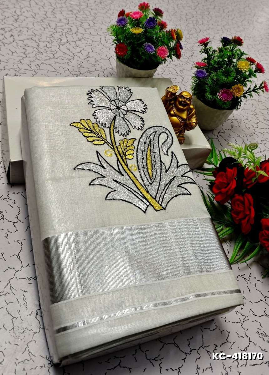 TRENDING KERALA SPECIAL FULL WORK EMBOSSED DIGITAL PRINTING TISSUE SAREE COLLECTIONS - IVORY COLOUR (58)