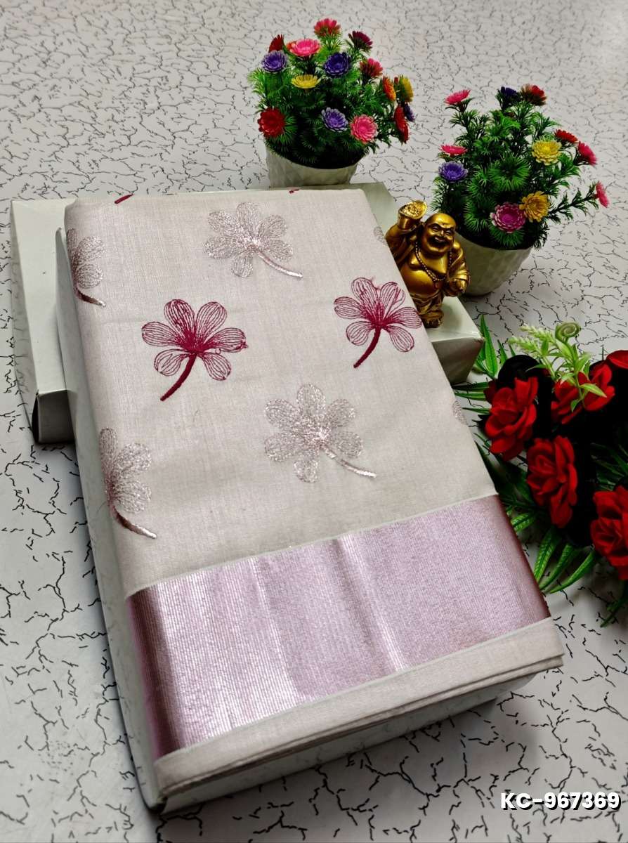 TRENDING KERALA SPECIAL FULL WORK EMBOSSED DIGITAL PRINTING TISSUE SAREE COLLECTIONS - BEIGE COLOUR (64)