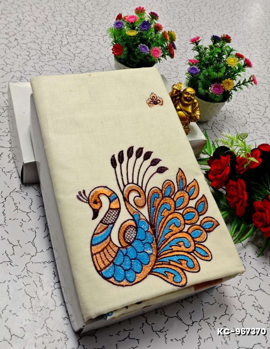 TRENDING KERALA SPECIAL FULL WORK EMBOSSED DIGITAL PRINTING TISSUE SAREE COLLECTIONS - IVORY COLOUR (56)