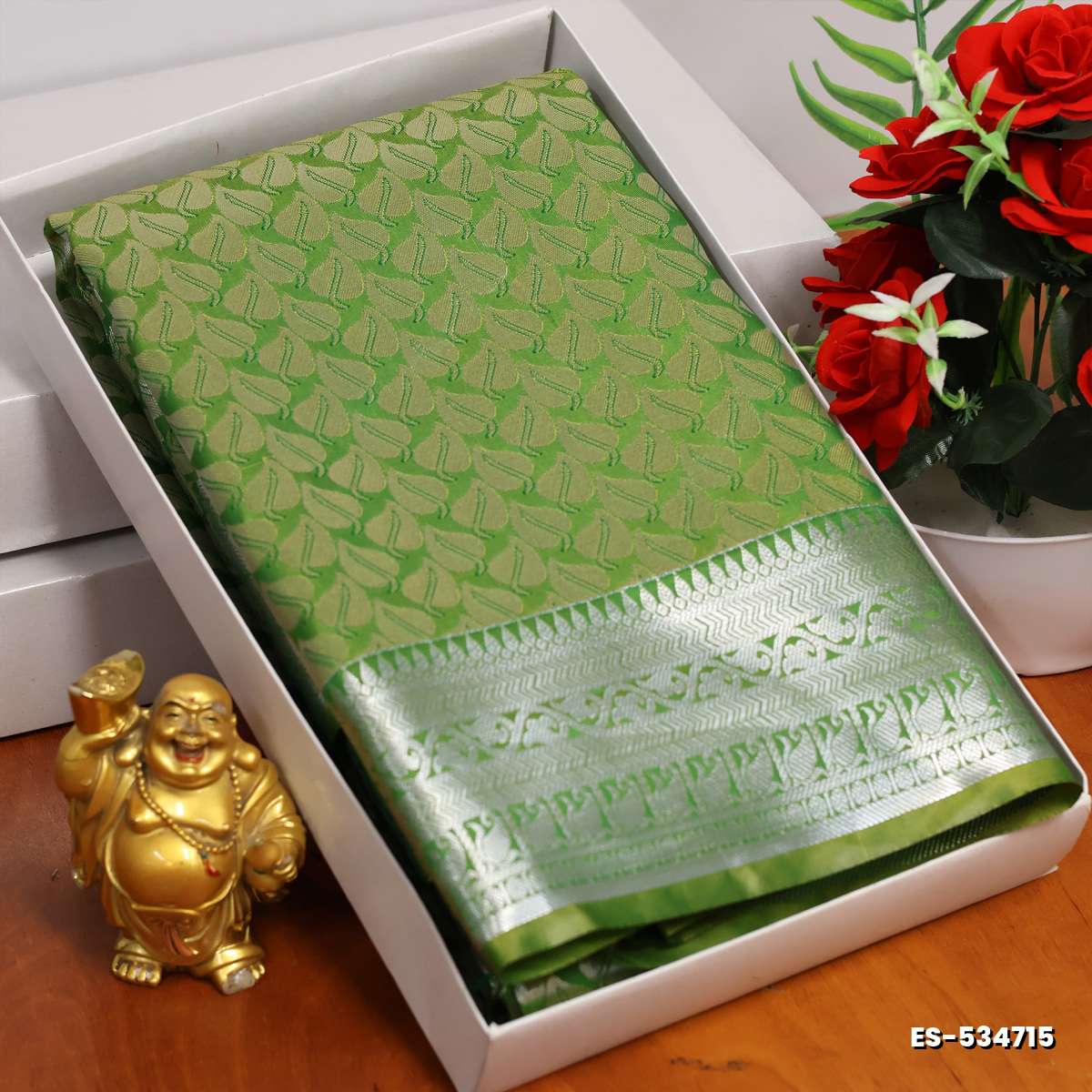 BRIDAL SILK GOLD SILVAR AND COPPER ZARI WEAVE AND WEDDING ART SILK SAREES - GREEN (1)