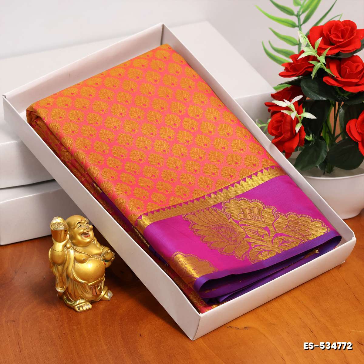 BRIDAL SILK GOLD SILVAR AND COPPER ZARI WEAVE AND WEDDING ART SILK SAREES - CORAL COLOUR (4)