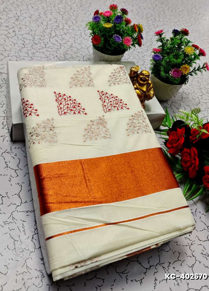 TRENDING KERALA SPECIAL FULL WORK EMBOSSED DIGITAL PRINTING TISSUE SAREE COLLECTIONS - IVORY COLOUR (59)