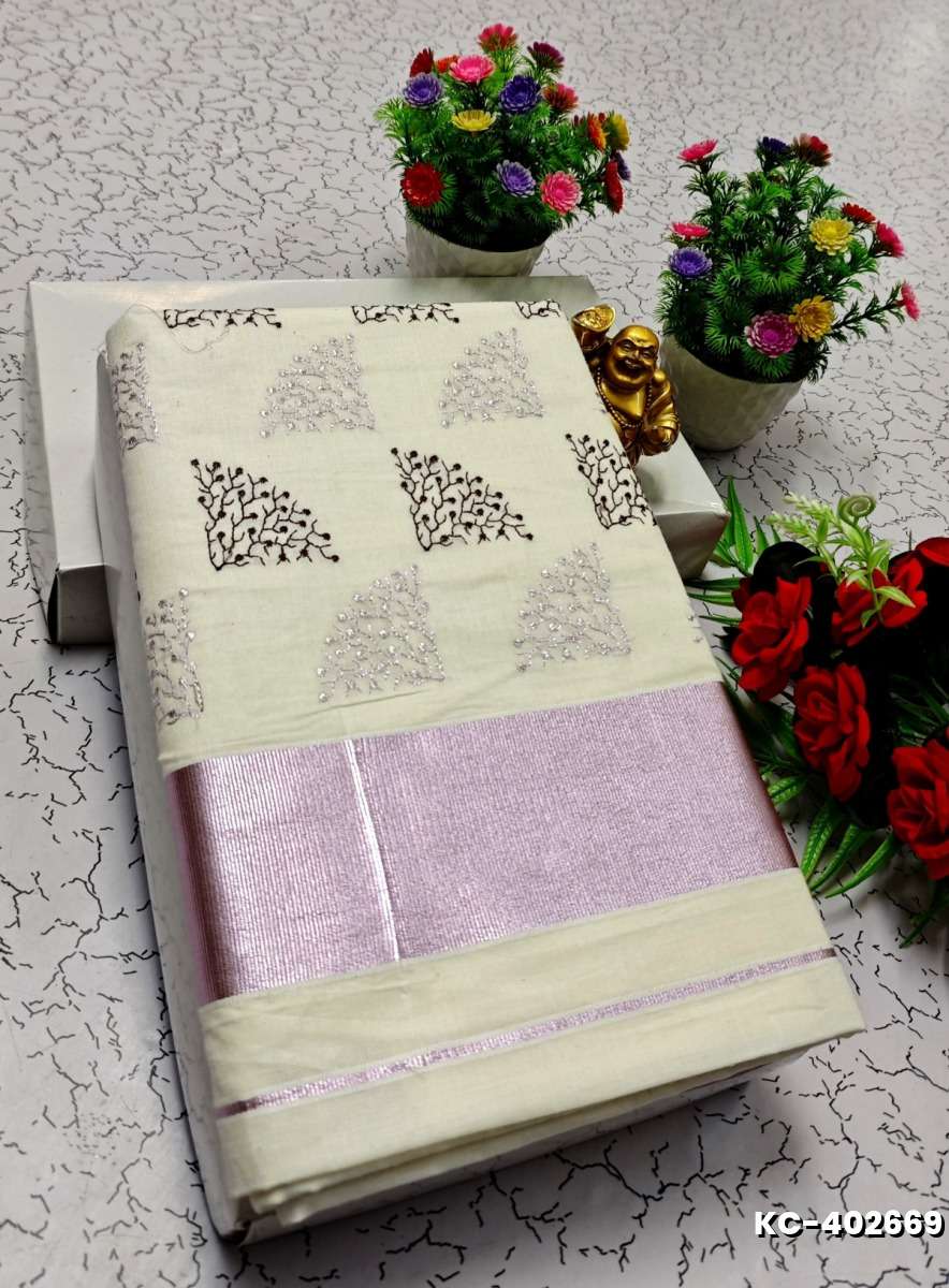 TRENDING KERALA SPECIAL FULL WORK EMBOSSED DIGITAL PRINTING TISSUE SAREE COLLECTIONS - BEIGE COLOUR (67)