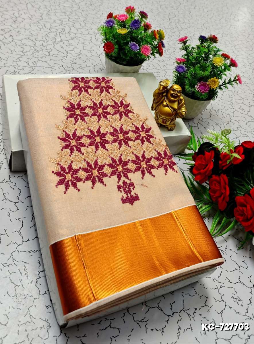 TRENDING KERALA SPECIAL FULL WORK EMBOSSED DIGITAL PRINTING TISSUE SAREE COLLECTIONS - GOLD (24)