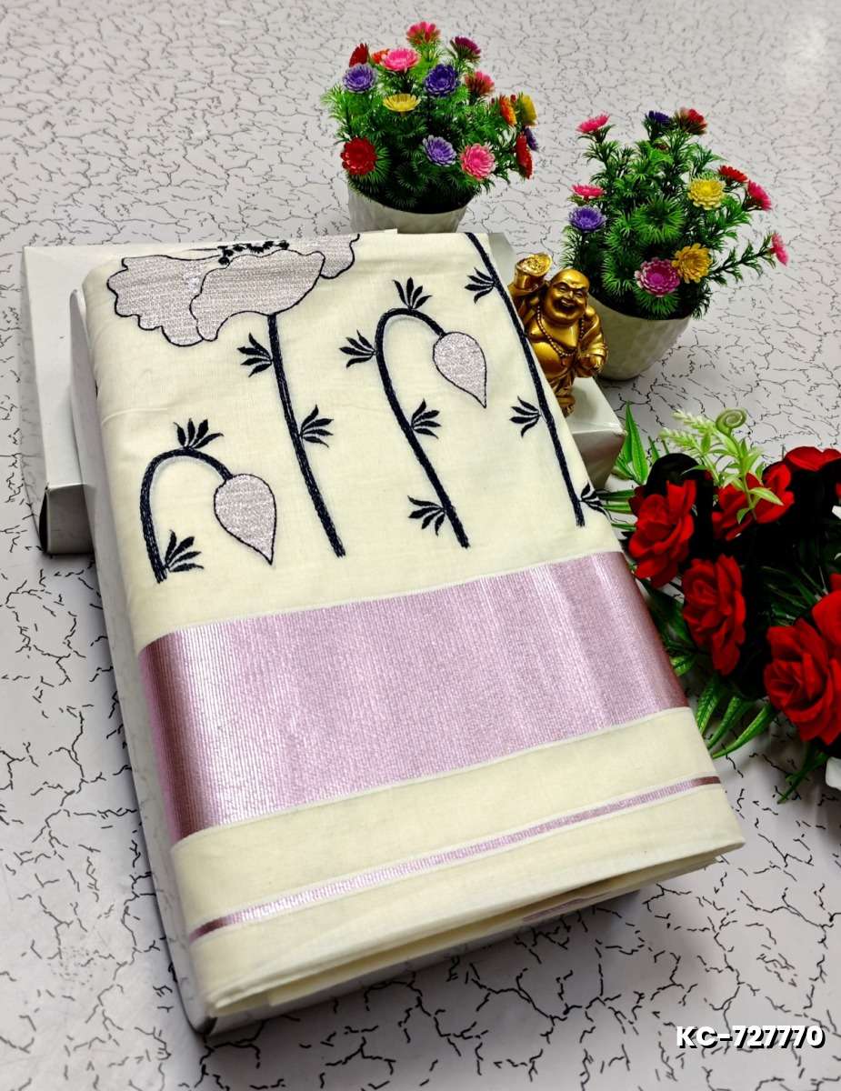 TRENDING KERALA SPECIAL FULL WORK EMBOSSED DIGITAL PRINTING TISSUE SAREE COLLECTIONS - IVORY COLOUR (60)
