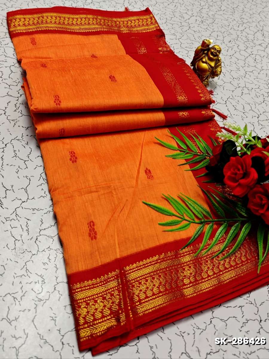 TRENDING DIGITAL EMBROIDERY ZARI WORK  KALIYANI COTTON SAREES FESTIVAL WEAR - ORANGE N