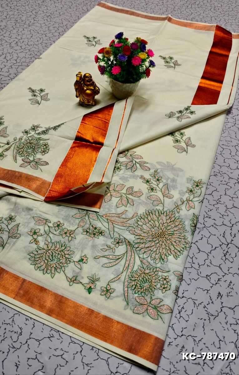 TRENDING KERALA SPECIAL FULL WORK EMBOSSED DIGITAL PRINTING TISSUE SAREE COLLECTIONS - IVORY COLOUR (57)