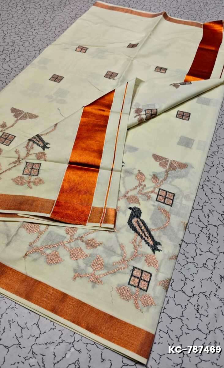 TRENDING KERALA SPECIAL FULL WORK EMBOSSED DIGITAL PRINTING TISSUE SAREE COLLECTIONS - BEIGE COLOUR (65)