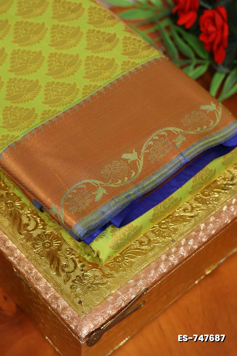 BRIDAL SILK GOLD SILVAR AND COPPER ZARI WEAVE AND WEDDING ART SILK SAREES - FLORAISON GREEN (6)