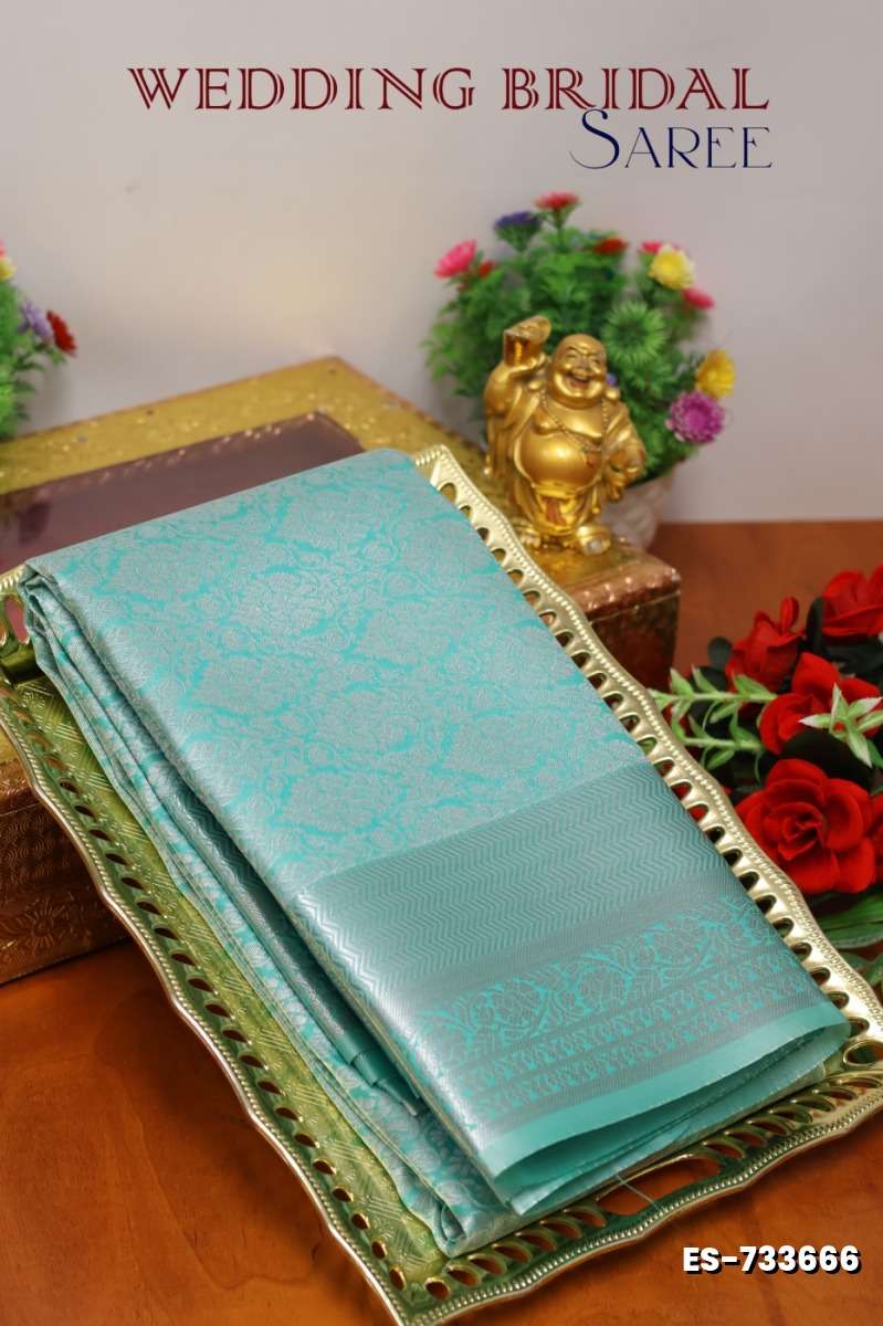 BRIDAL SILK GOLD SILVAR AND COPPER ZARI WEAVE AND WEDDING ART SILK SAREES - TUQUOISE (3)