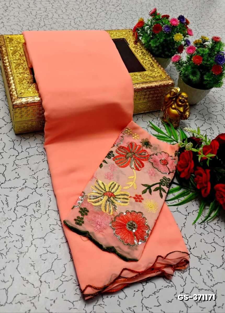 GEORGETTE FANCY SOFT SILK SAREES WITH BLOUSE MODERN FANCY ITEM SAREES - PEACH COLOUR (1)