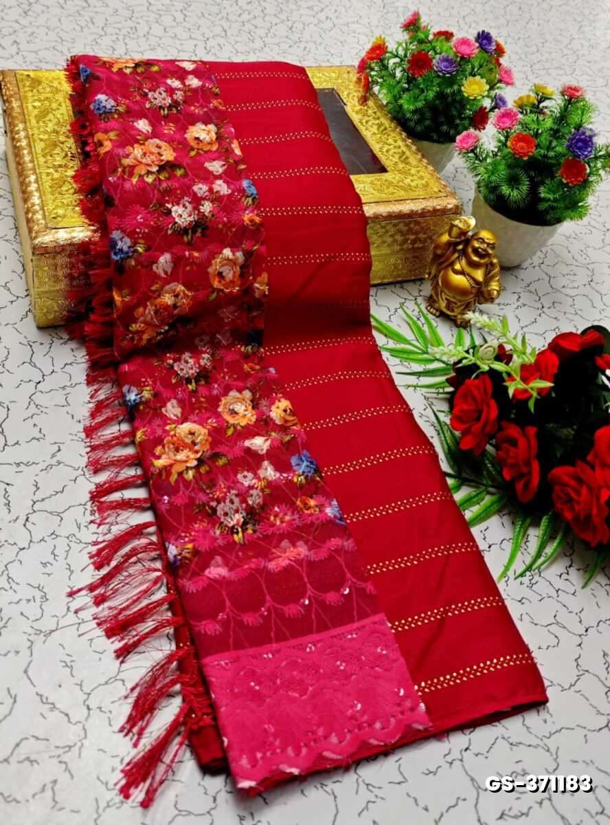 GEORGETTE FANCY SOFT SILK SAREES WITH BLOUSE MODERN FANCY ITEM SAREES - TOMATO COLOUR (1)