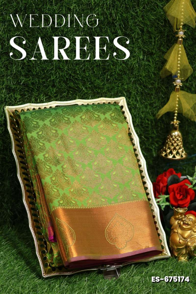 Bridal silk gold silvar and copper zari weave and wedding art silk sarees - EMERALD COLOUR (3)