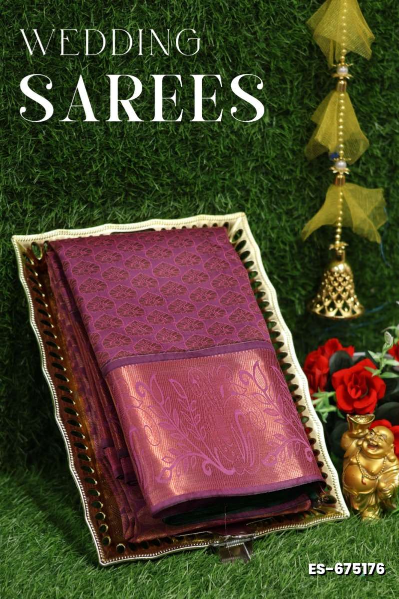 Bridal silk gold silvar and copper zari weave and wedding art silk sarees - PLUM COLOUR