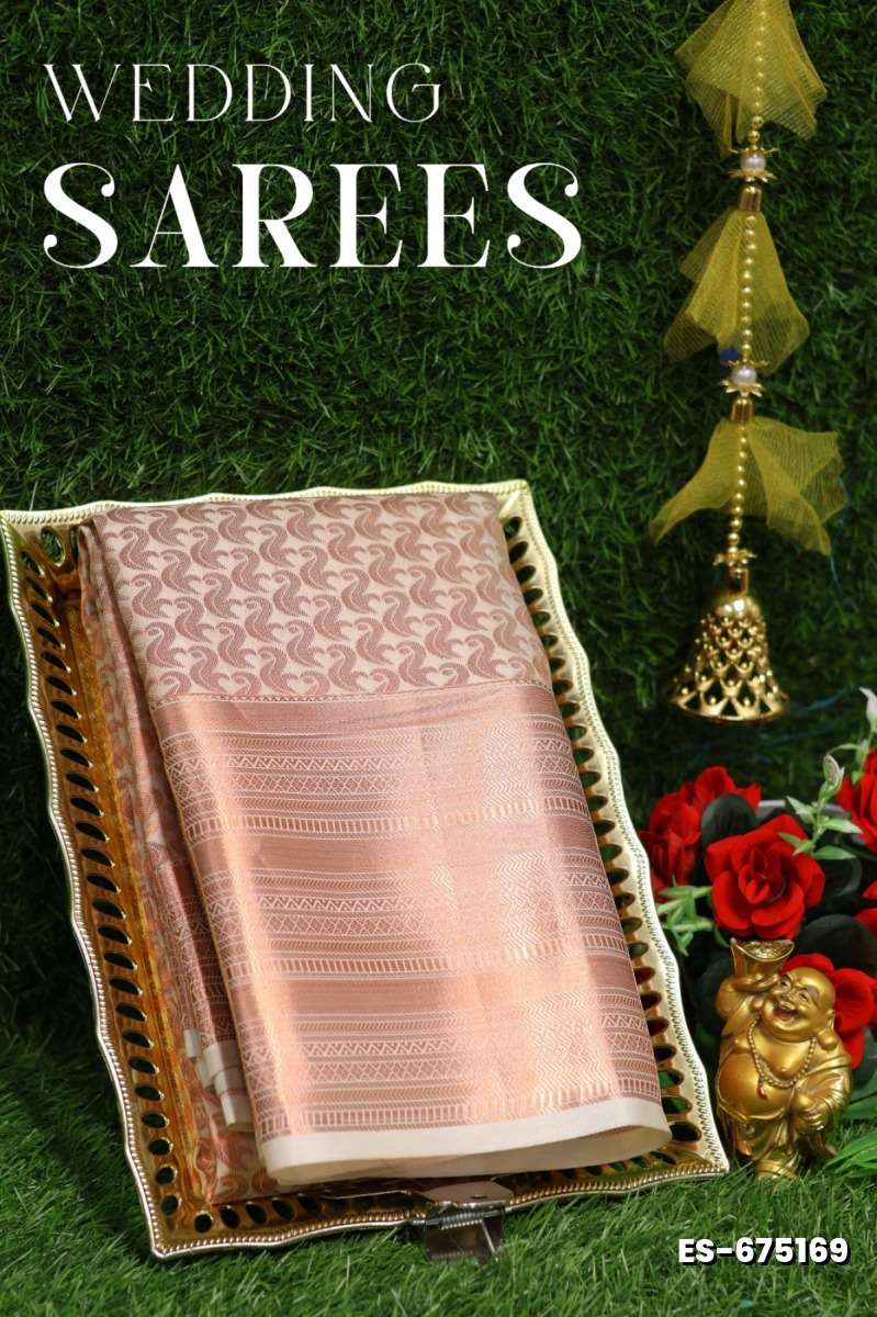 Bridal silk gold silvar and copper zari weave and wedding art silk sarees - BEIGE COLOUR (8)