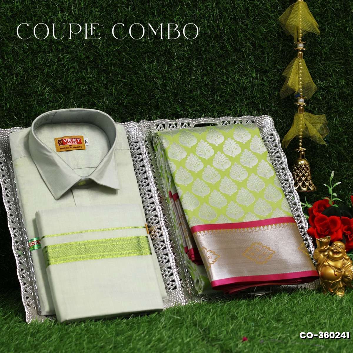 Elegant Tissue Dhoti Shirt & Saree Couple Combo coordinated look for special occasions - LIGHT GREEN