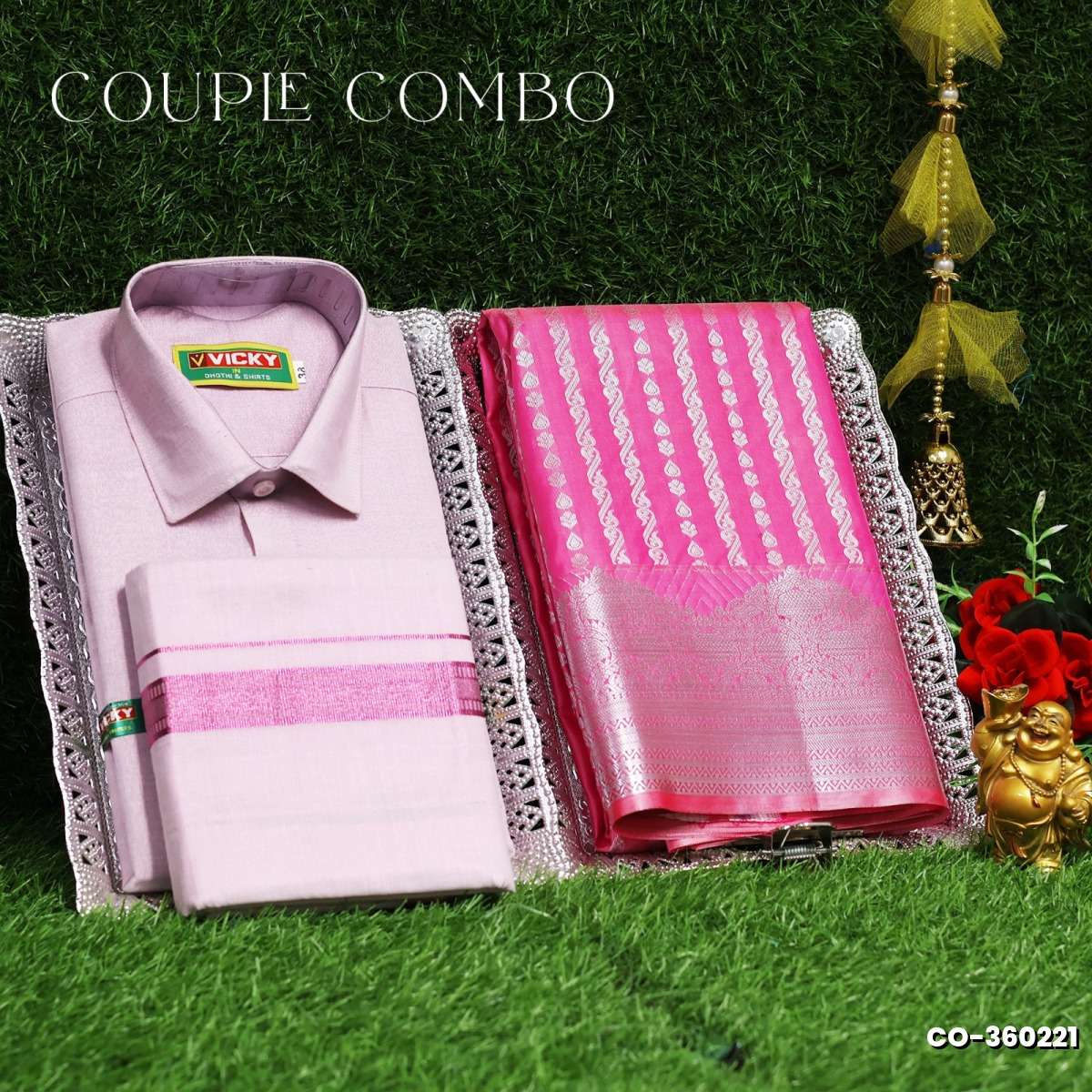 Elegant Tissue Dhoti Shirt & Saree Couple Combo coordinated look for special occasions - BABY PINK