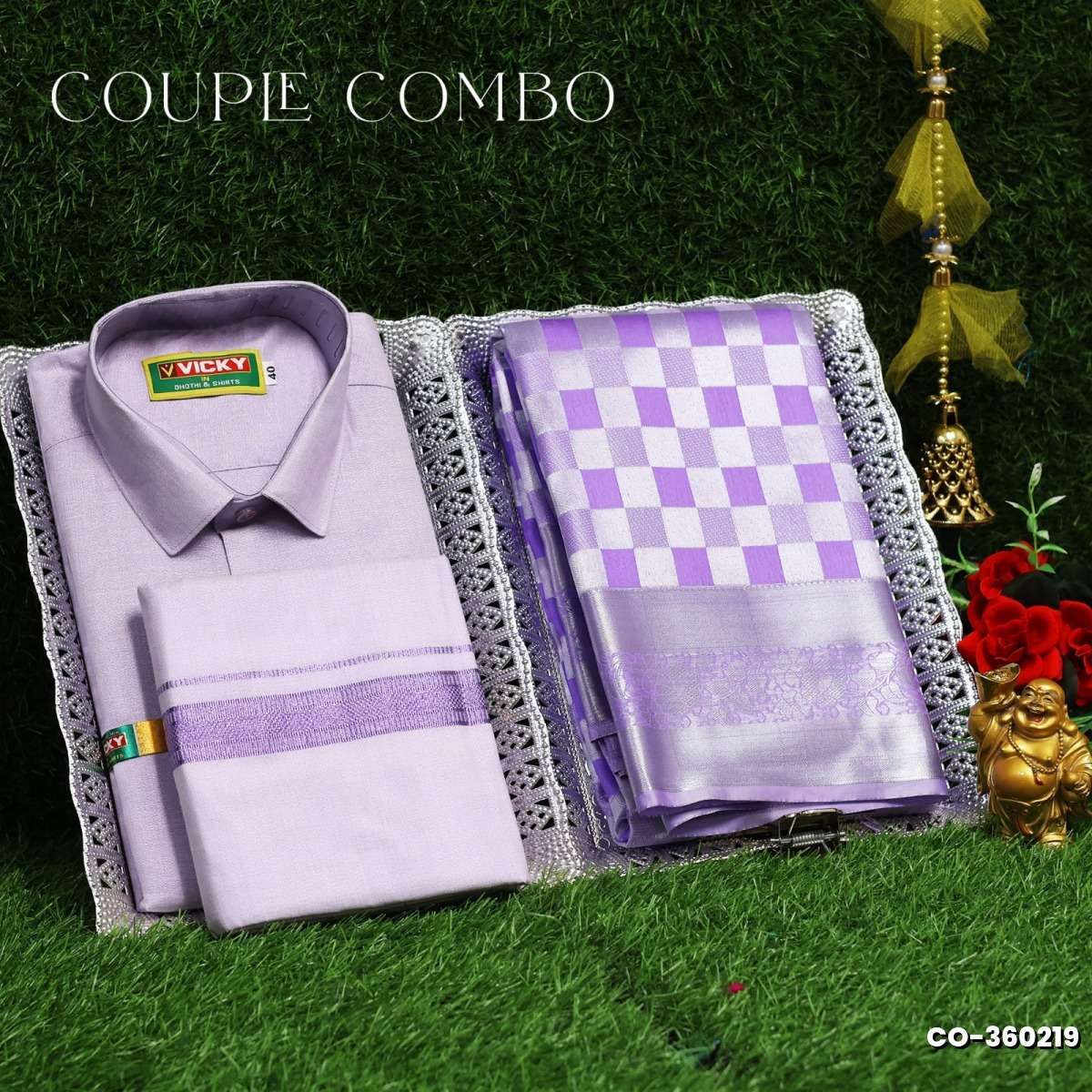 Elegant Tissue Dhoti Shirt & Saree Couple Combo coordinated look for special occasions - LEVENDOR