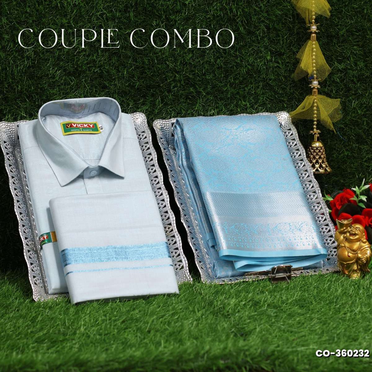 Elegant Tissue Dhoti Shirt & Saree Couple Combo coordinated look for special occasions - LIGHT SKY BLUE
