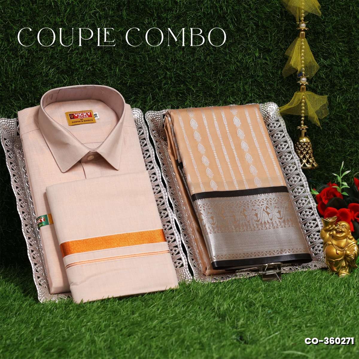 Elegant Tissue Dhoti Shirt & Saree Couple Combo coordinated look for special occasions - PEACH COLOUR