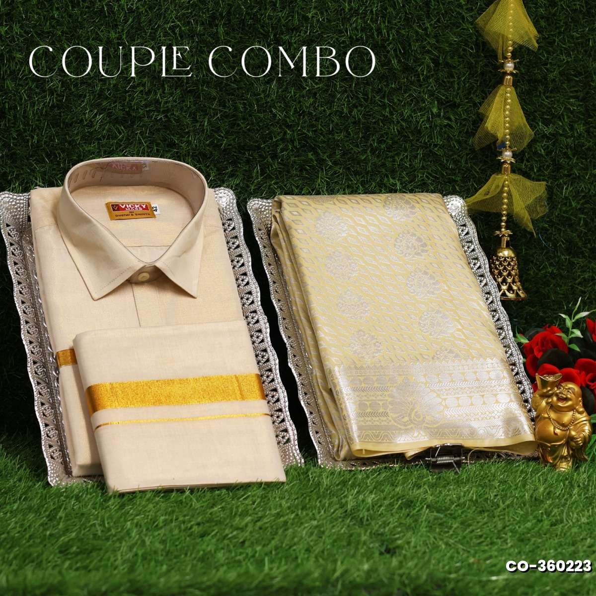 Elegant Tissue Dhoti Shirt & Saree Couple Combo coordinated look for special occasions - LIGHT SANDLE