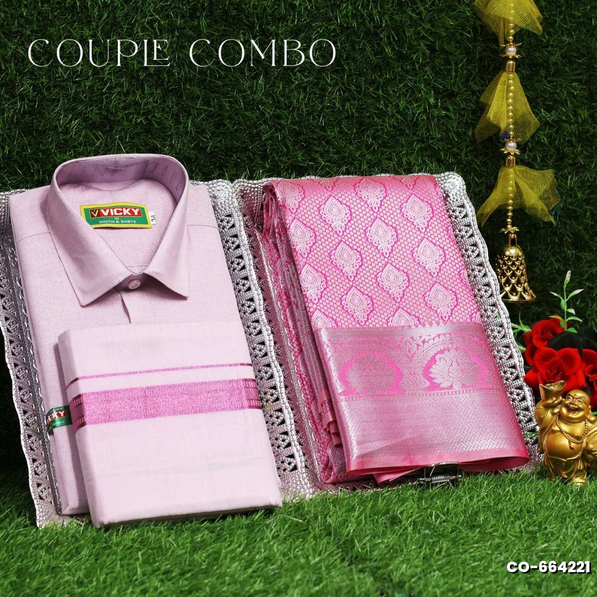 Elegant Tissue Dhoti Shirt & Saree Couple Combo coordinated look for special occasions - BABY PINK (1)