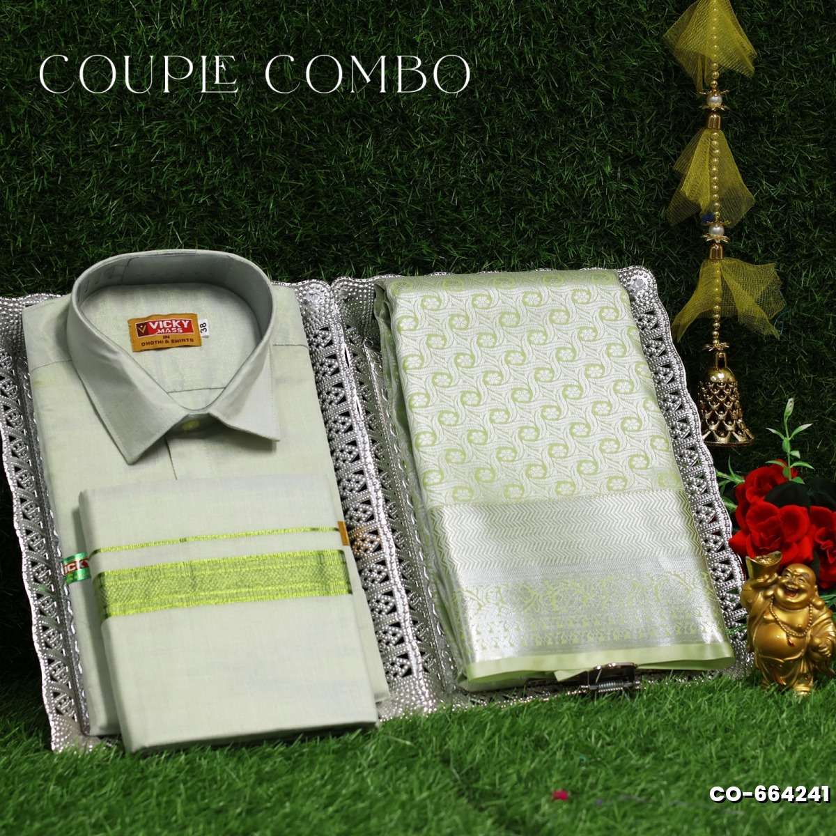 Elegant Tissue Dhoti Shirt & Saree Couple Combo coordinated look for special occasions - LIGHT GREEN (1)